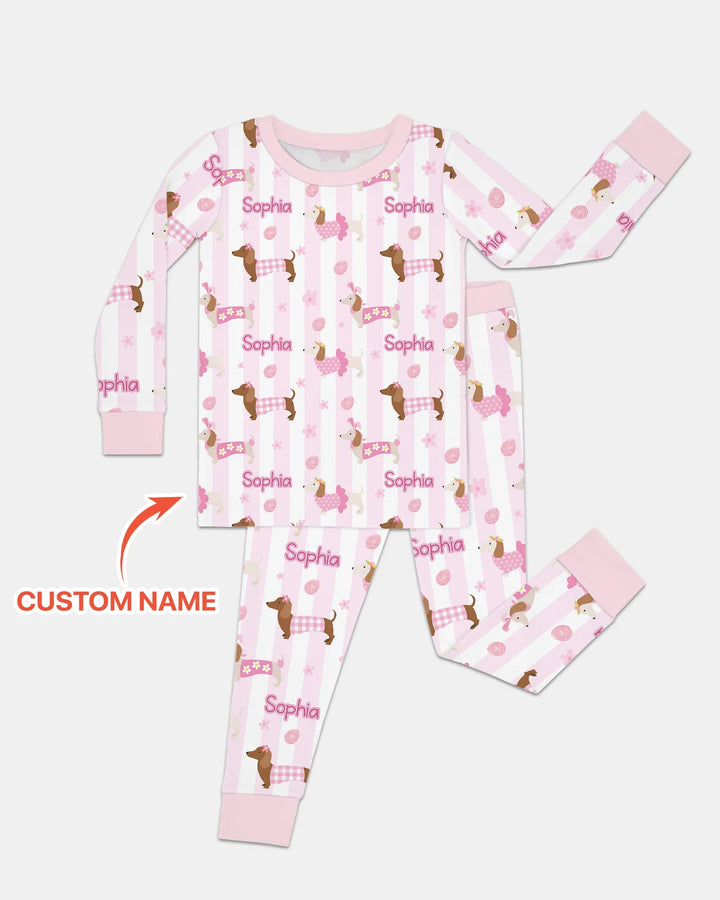 Custom Name Easter Dachshunds Family Matching Two Piece Long Sleeve Pajama Set