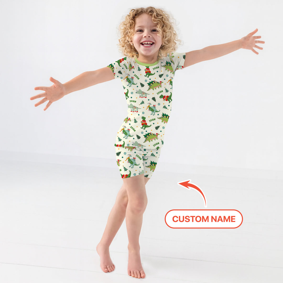 Custom Name Dinosaurs Christmas Tree Two Piece Short Sleeve Shorts Pajama Set