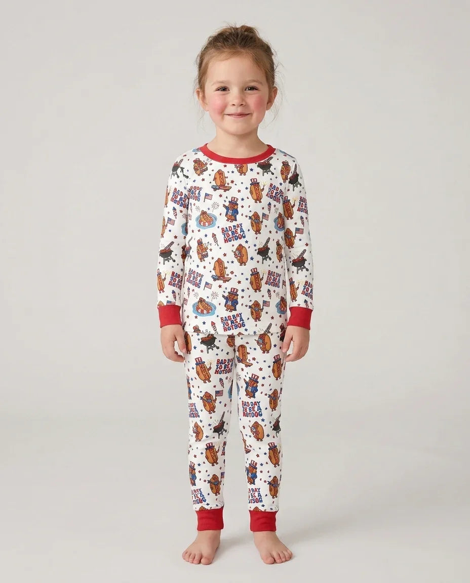Hot Dog Patriotic Bamboo Two Piece Long Sleeve Pajama Set