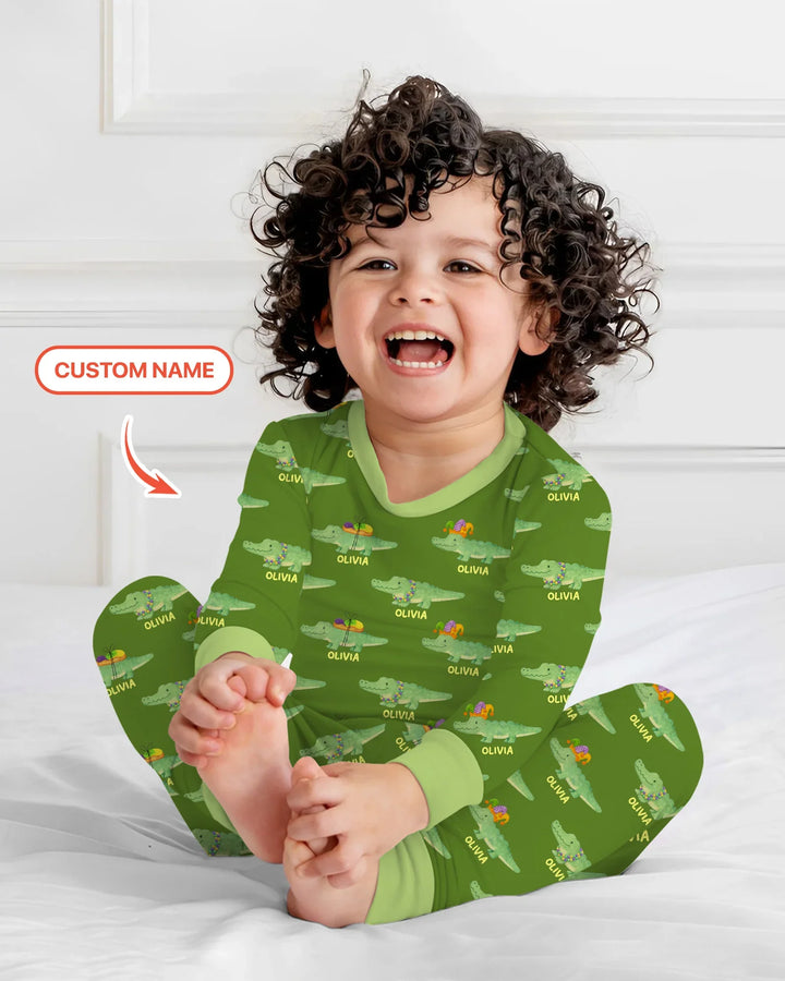 Custom Name Mardi Gras Gator Two Piece Long Sleeve Pajama Set