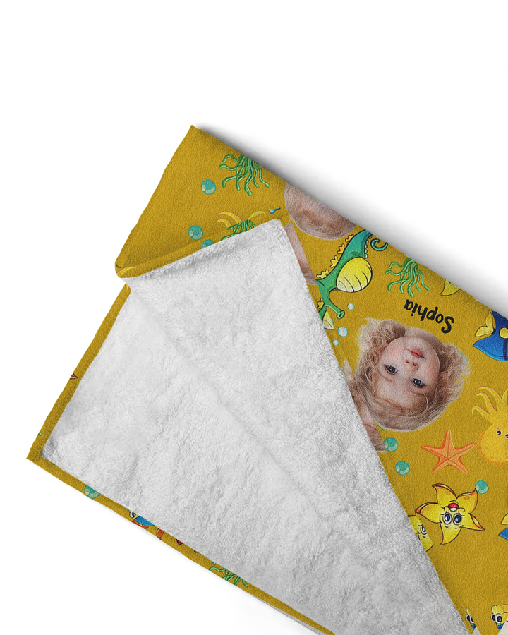 Custom Photo Cute Kid Face Watercolor Sea Creatures Summery Bamboo Beach Towel