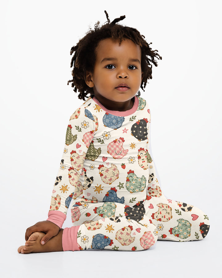 Playful Farm Chicken Bamboo Two Piece Long Sleeve Pajama Set