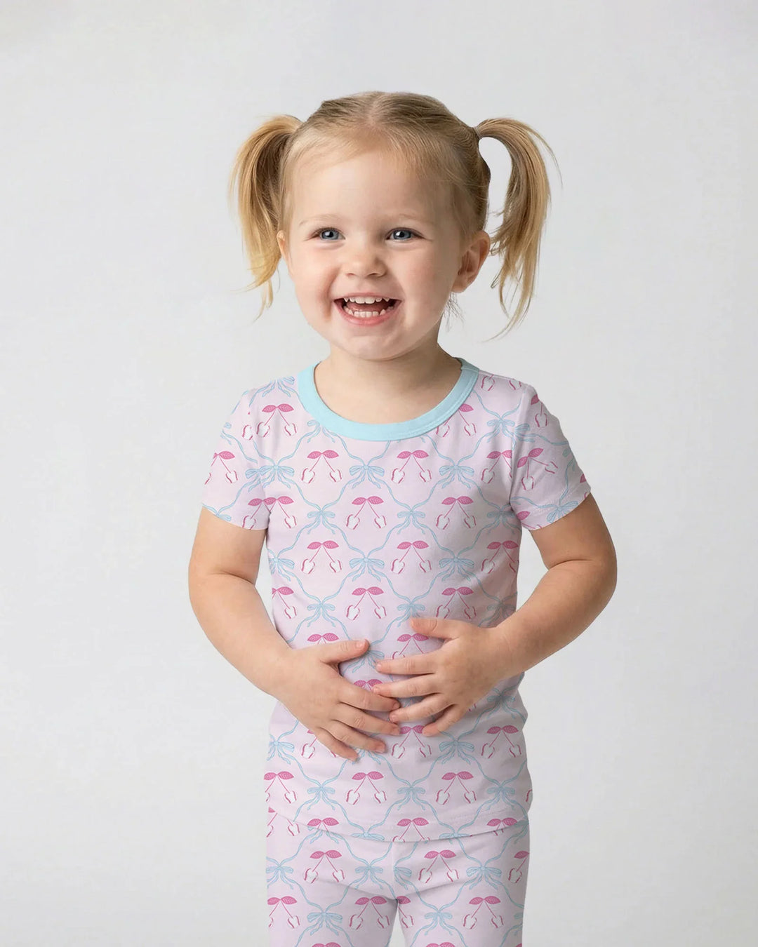 Cherry Baseball Softball Mom and Girl Matching Bamboo Two Piece Short Sleeve Pajama Set