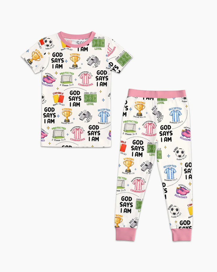God Says I Am Soccer Bamboo Two Piece Short Sleeve Pajama Set