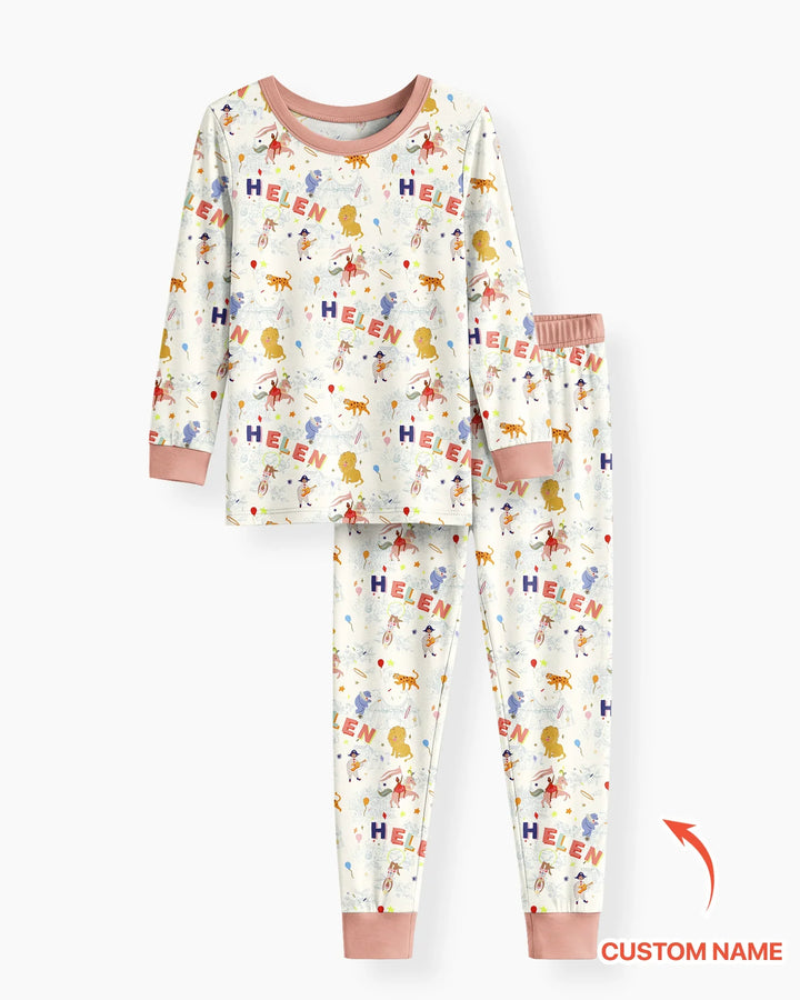 Custom Name Circus Toile Bamboo Two Piece Long Sleeve Pajama Set