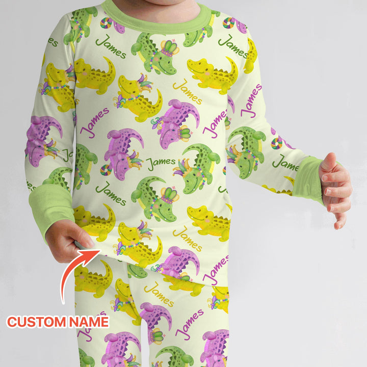 Custom Name Mardi Gras Alligator Two Piece Long Sleeve Pajama Set
