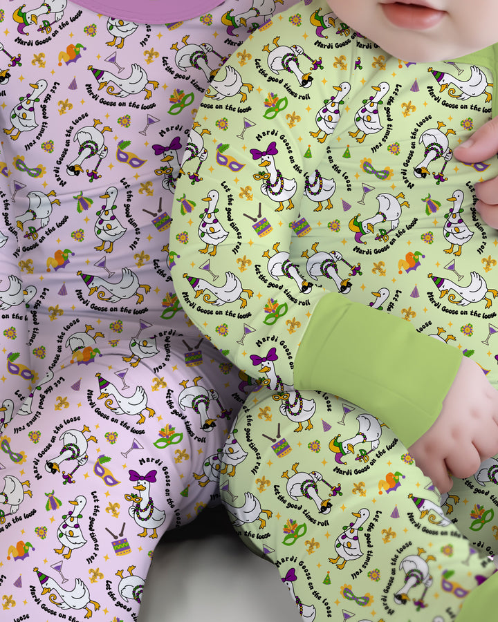Mardi Gras Silly Goose Two Piece Long Sleeve Pajama Set