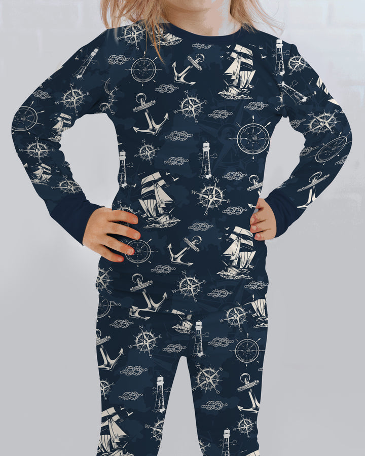 Vintage Nautical Voyage Bamboo Two Piece Long Sleeve Pajama Set