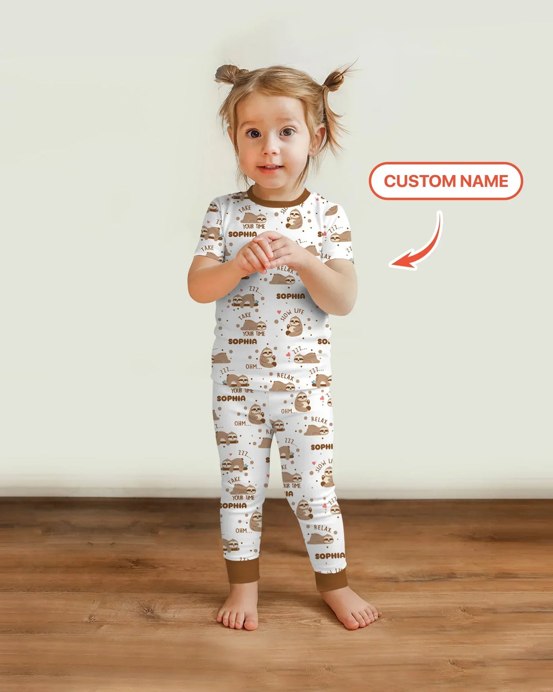 Custom Name Cute Sloth Two Piece Short Sleeve Pajama Set