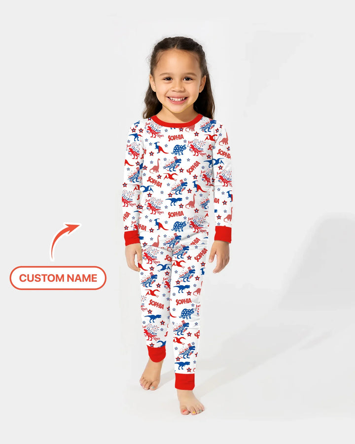 Custom Name Patriotic Dinosaur Bamboo Two Piece Long Sleeve Pajama Set
