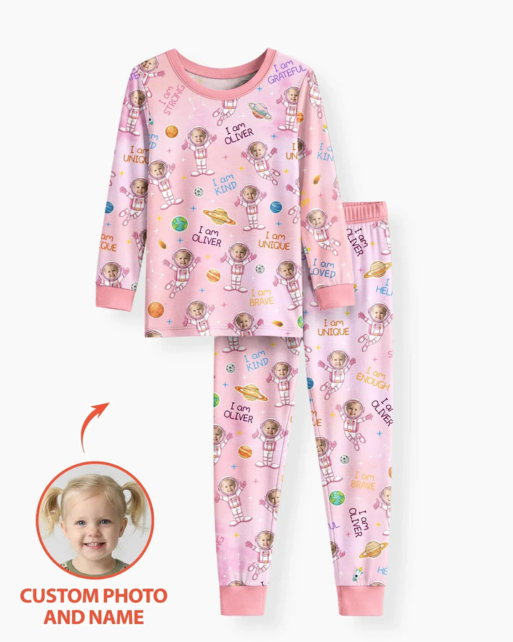 Custom Photo Kid Affirmations I Am Kind Astronaut Bamboo Two Piece Long Sleeve Pajama Set