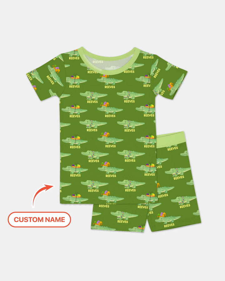 Custom Name Mardi Gras Gator Two Piece Short Sleeve Shorts Pajama Set