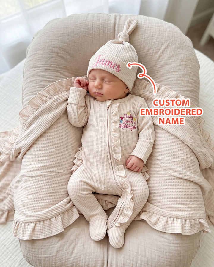 Personalized Baby Hallelujah Embroidered Waffle Ruffle Bamboo Zipper Footie