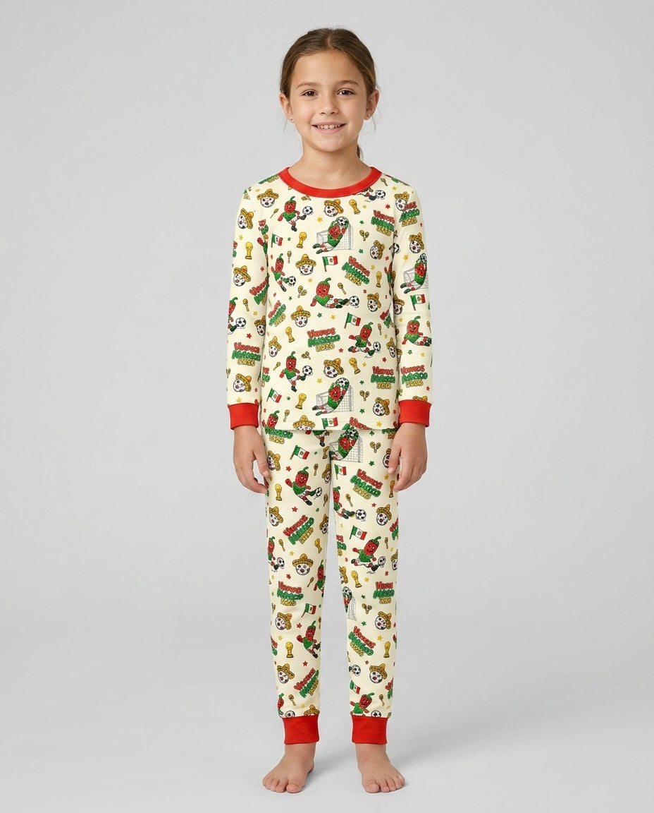 Cartoon World Soccer Vamos Mexico Family Matching Bamboo Two Piece Long Sleeve Pajama Set