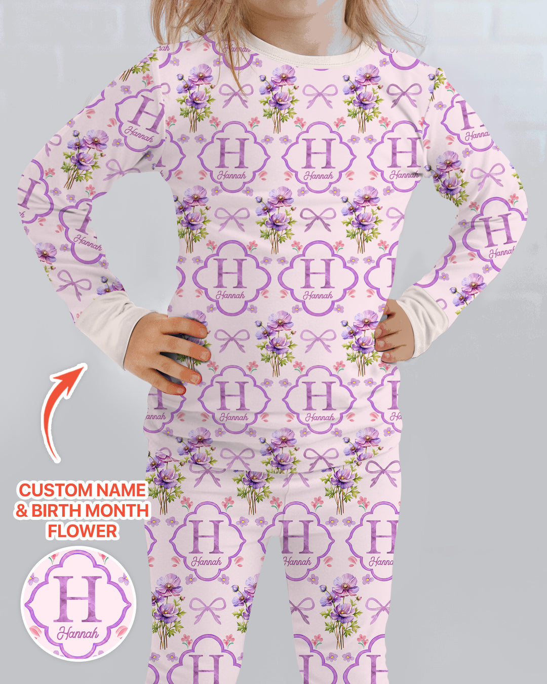 Personalized Birth Flower Mommy And Me Matching Bamboo Two Piece Long Sleeve Pajama Set