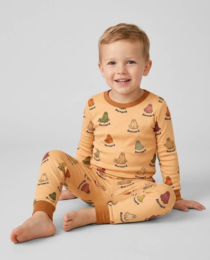 Cute Boo Ghost Vintage Halloween Bamboo Two Piece Long Sleeve Pajama Set