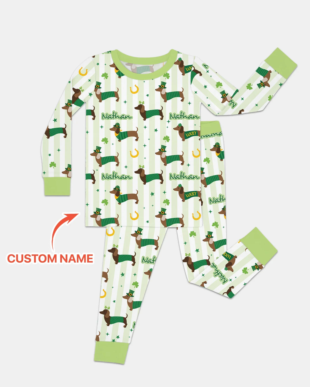 Lucky Dachshunds St. Patrick's Day Family Matching Two Piece Long Sleeve Pajama Set