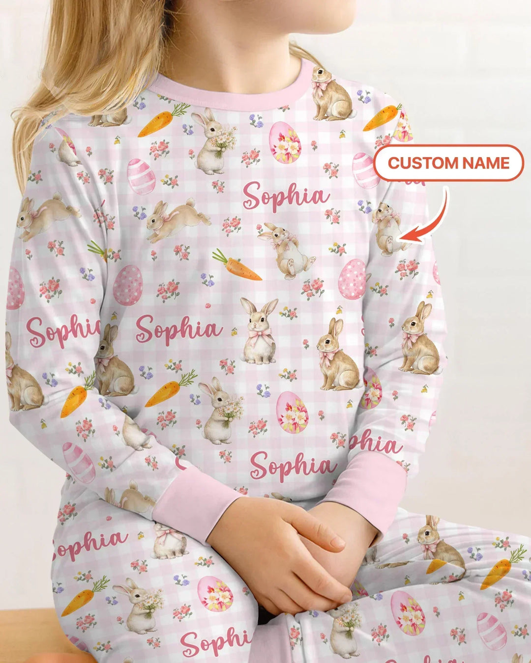 Custom Name Bunny Garden Two Piece Long Sleeve Pajama Set