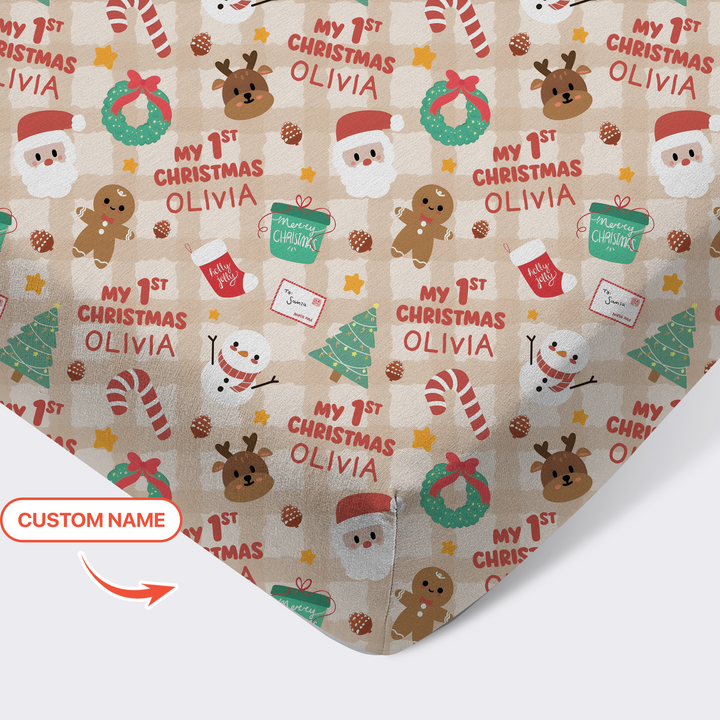 Custom Name My First Christmas Mocha Gingham Fitted Crib Sheet