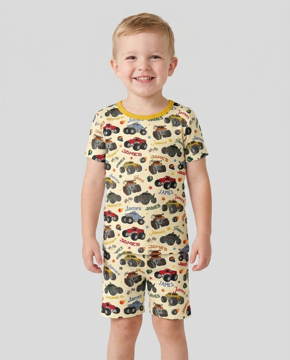 Personalized Monster Truck Bamboo Two Piece Short Sleeve Shorts Pajama Set