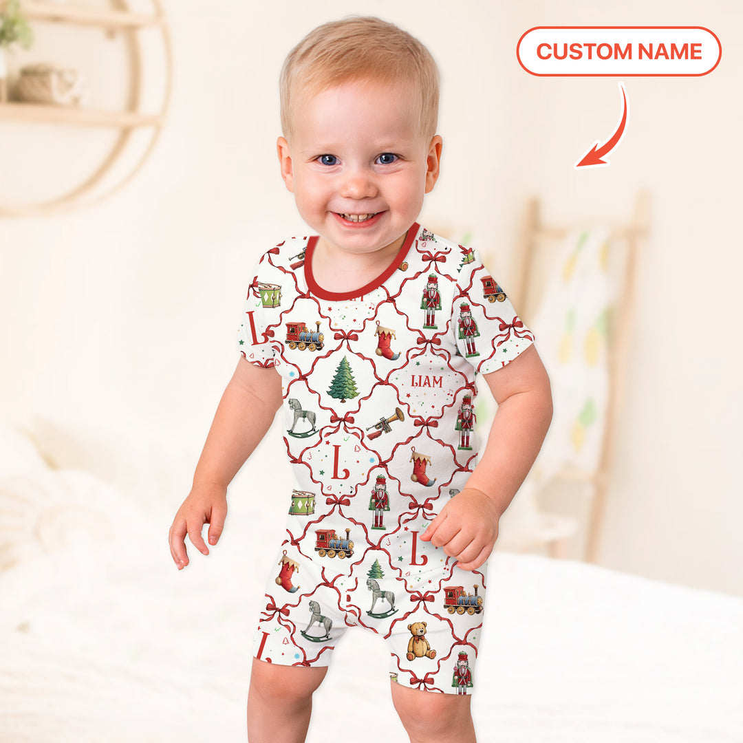 Vintage Christmas Toy Custom Name Boy Two Piece Short Sleeve Shorts Pajama Set , Vintage Christmas Toy Custom Name Boy Two Piece Short Sleeve Shorts Pajama Set - 12-18M