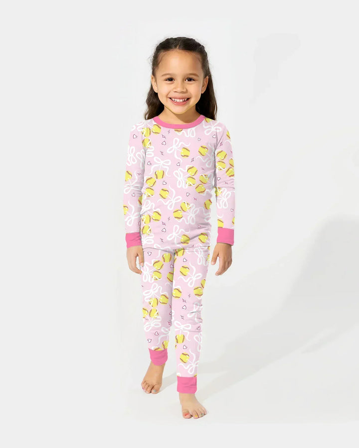Softball Cherry Mom And Girl Matching Two Piece Long Sleeve Pajama Set