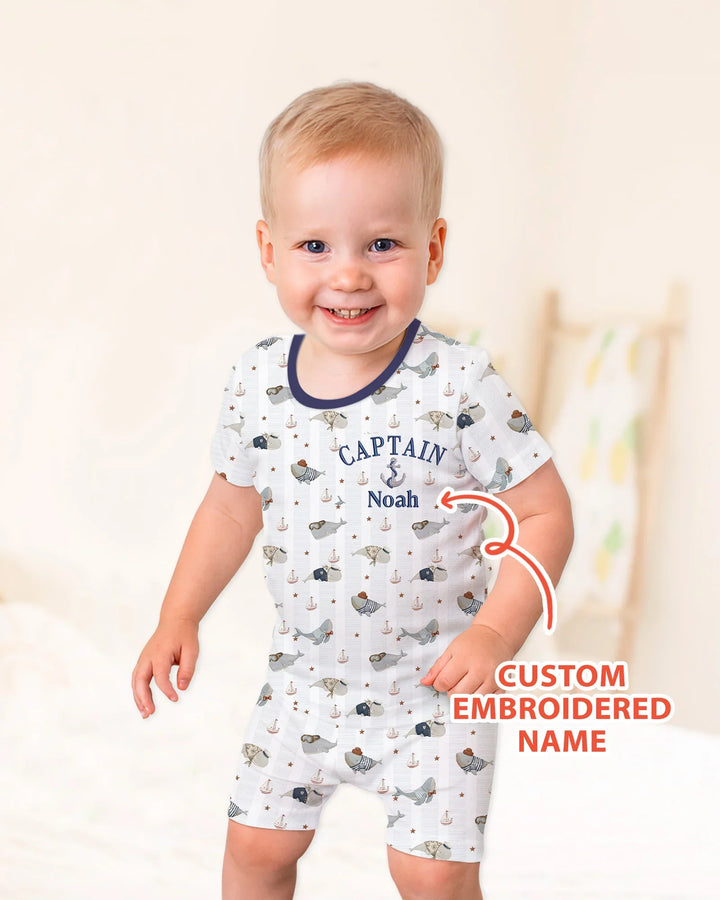 Custom Embroidered Name Little Captain of the Whale Crew Bamboo Two Piece Short Sleeve Shorts Pajama Set