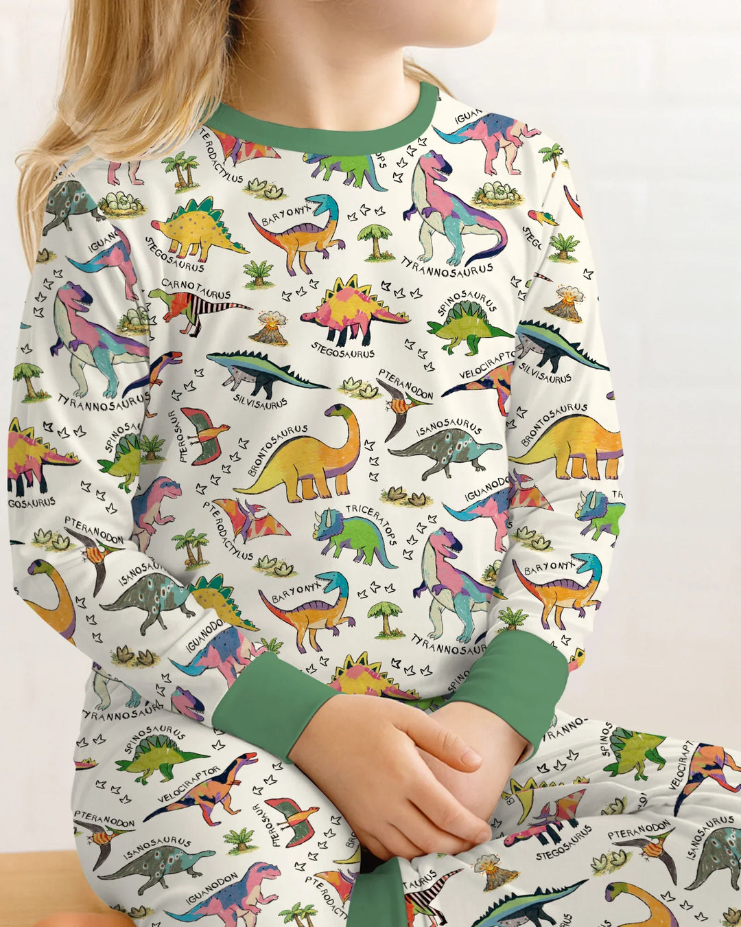 Conjunto de pijama de bambú de dos piezas de manga larga con estampados de dinosaurios