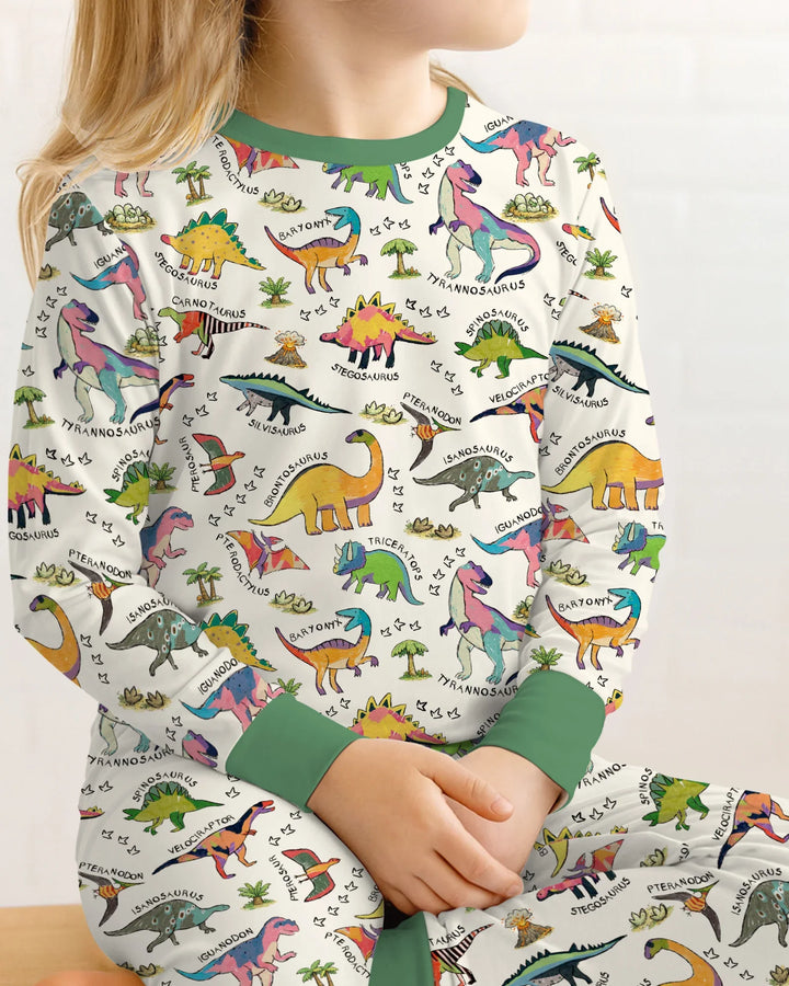 Conjunto de pijama de bambú de dos piezas de manga larga con estampados de dinosaurios