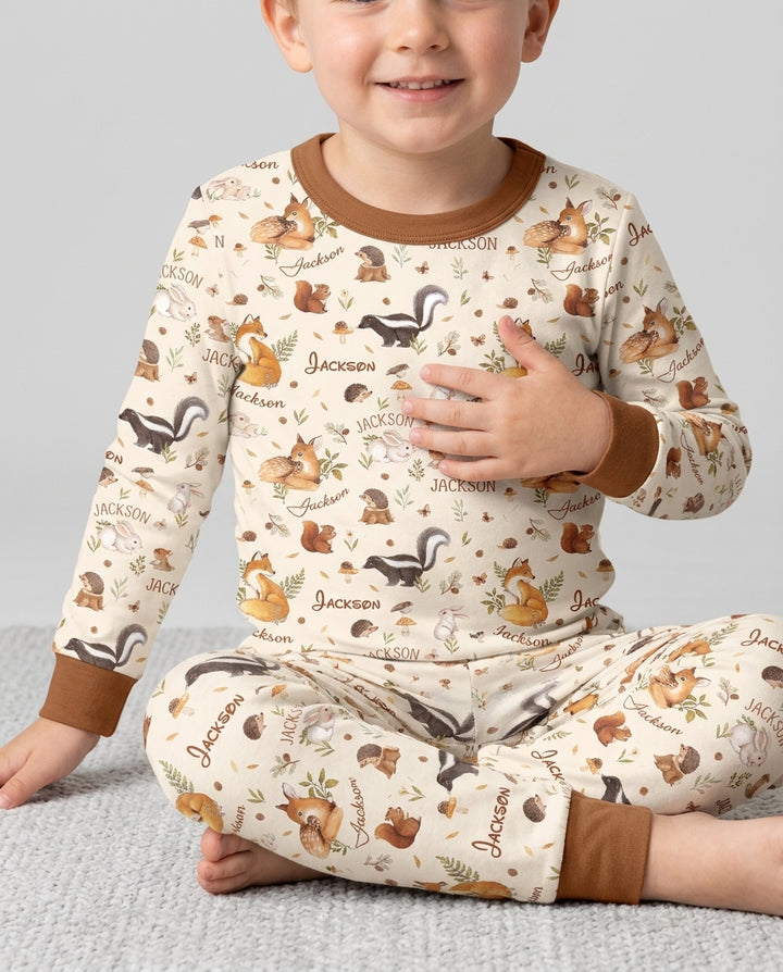 Custom Name Woodland Friends Bamboo Two Piece Long Sleeve Pajama Set