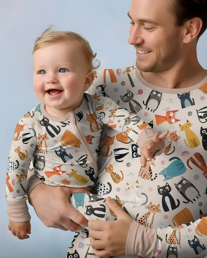 Pijama familiar de bambú para hombre a juego de la familia de gatos Goofy Mischief