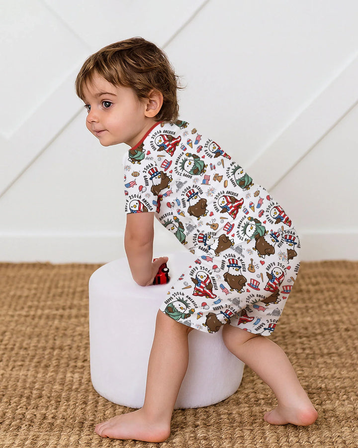 Happy 250th America Cute Patriotic Eagles Family Matching Bamboo Two Piece Short Sleeve Shorts Pajama Set