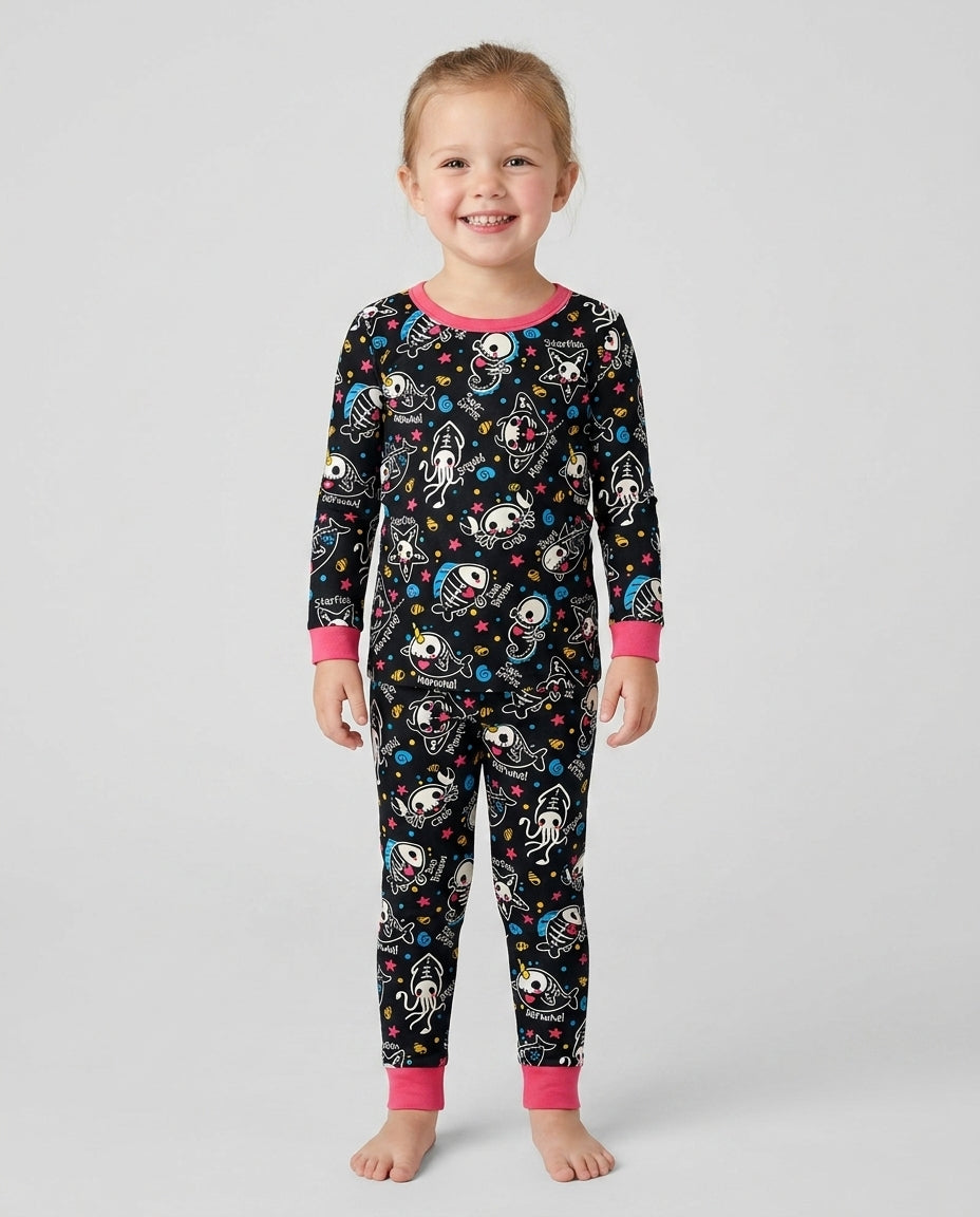Kawaii Skeleton Ocean Animals Bamboo Two Piece Long Sleeve Pajama Set