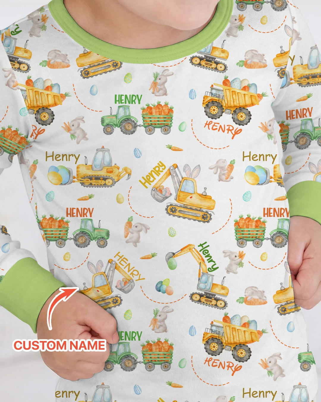 Easter Construction Vehicles Custom Name Two Piece Long Sleeve Pajama Set
