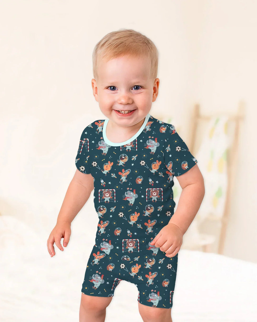 Space Soccer Bamboo Two Piece Short Sleeve Shorts Pajama Set