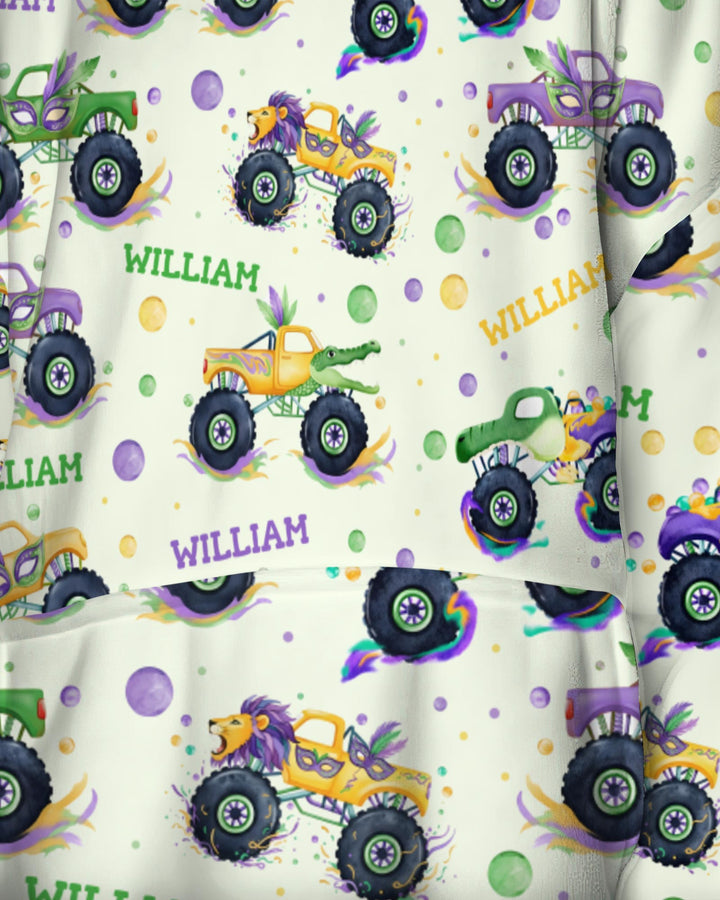 Custom Name Mardi Gras Monster Trucks Blanket Hoodie