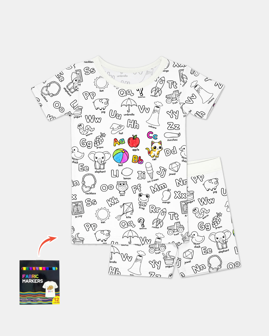 All Colorable Alphabet Two Piece Short Sleeve Shorts Pajama Set