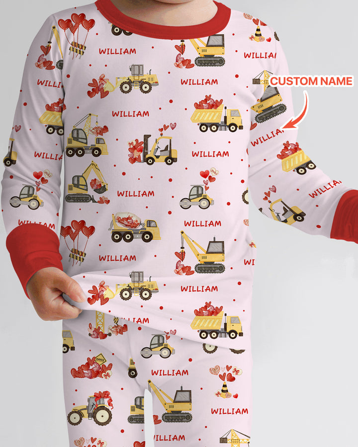 Custom Name Valentine Trucks Family Matching Two Piece Long Sleeve Pajama Set