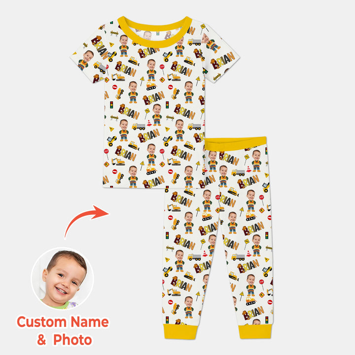 Custom Photo Doodle Little Builder Two Piece Short Sleeve Pajama Set