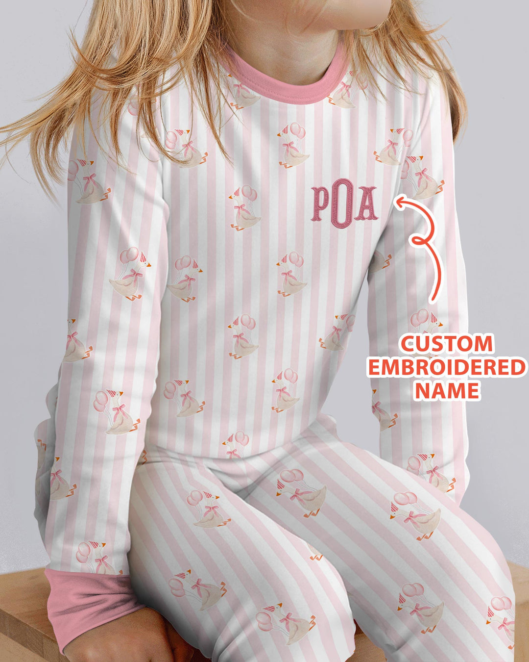 Custom Name Embroidered Birthday Girl Bamboo Two Piece Long Sleeve Pajama Set