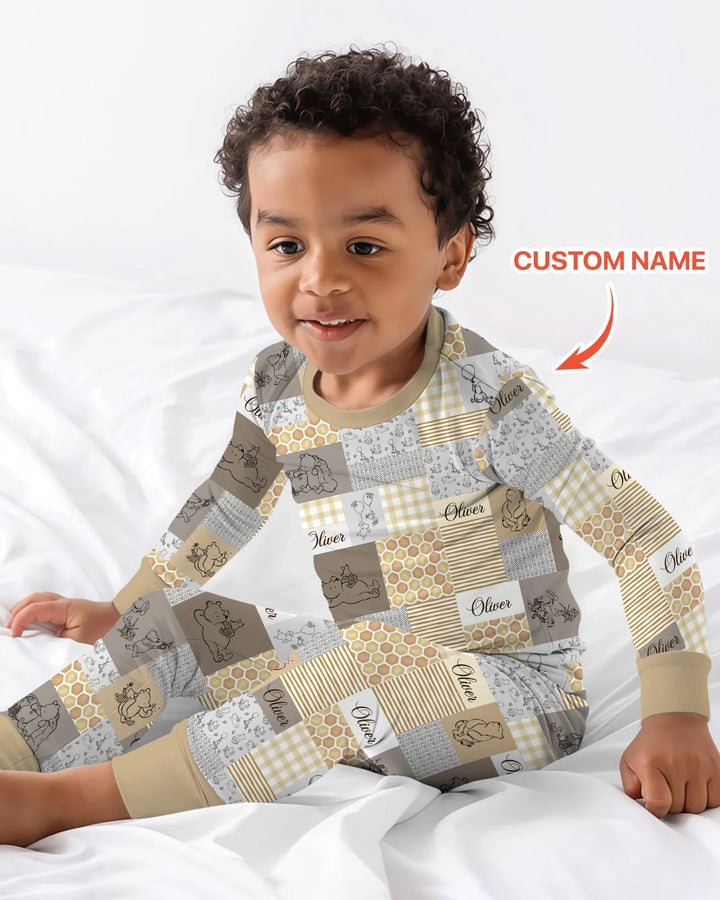 Personalized Classic Bear Patchwork  Bamboo Two Piece Long Sleeve Pajama Set