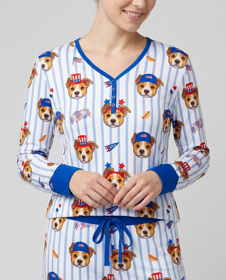 Custom Pet Image 4th of July Family Matching Bamboo Women Pajama Set