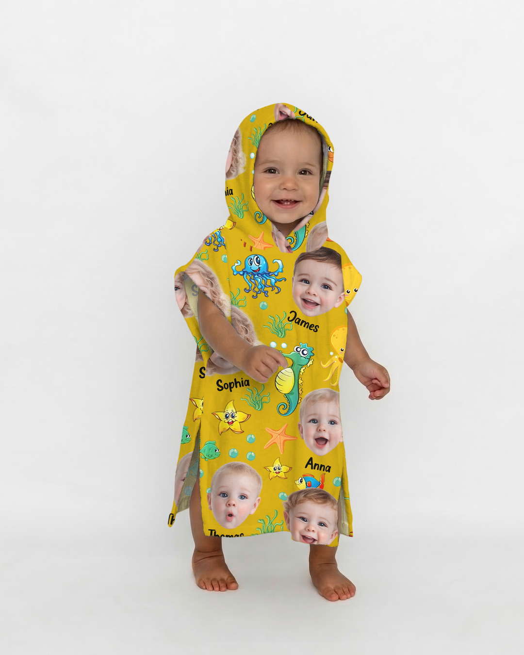 Custom Photo Cute Kid Face Watercolor Sea Creatures Summery Bamboo Swim Poncho