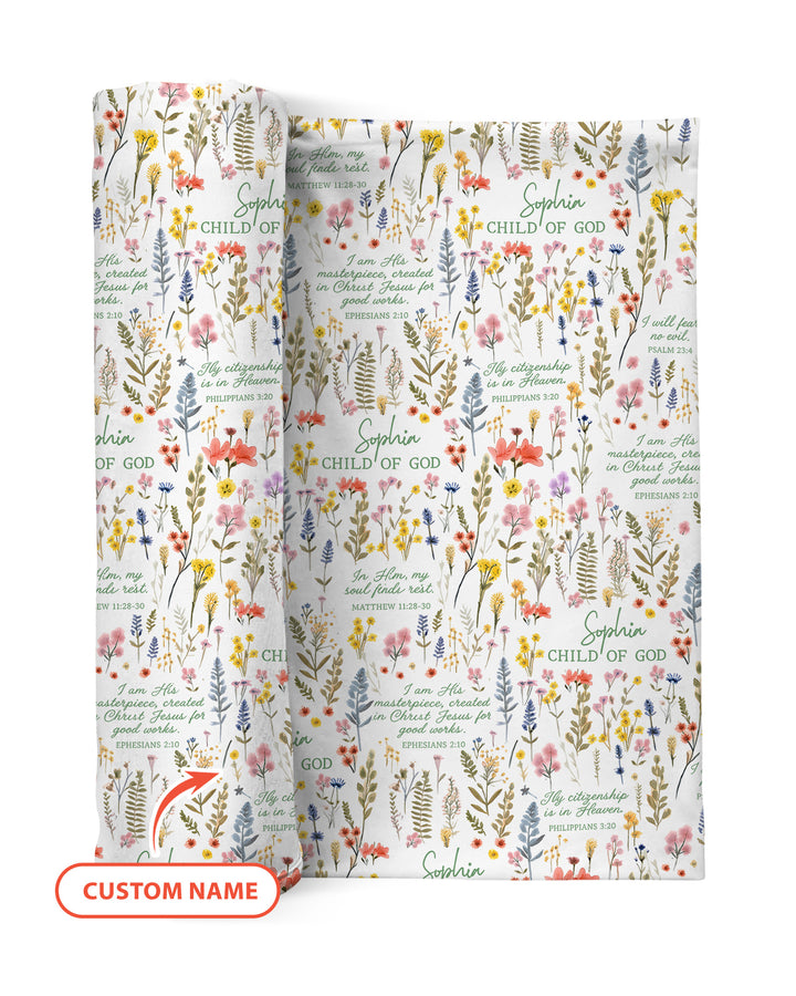 Custom Name Child of God Flower Garden swaddle blanket
