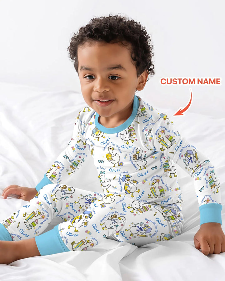 Custom Name Goose Happy 100 Days Of School Two Piece Long Sleeve Pajama Set
