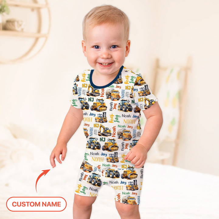 Custom Name Construction Trucks Two Piece Short Sleeve Shorts Pajama Set