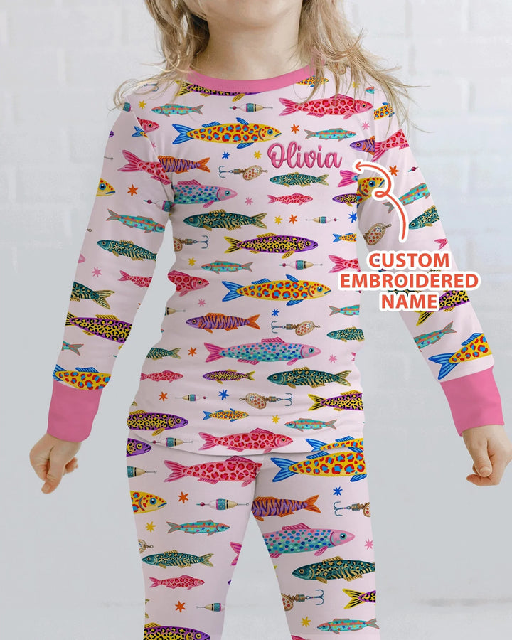 Pijama de dos piezas de bambú de manga larga con bordado de nombre personalizado de peces de colores