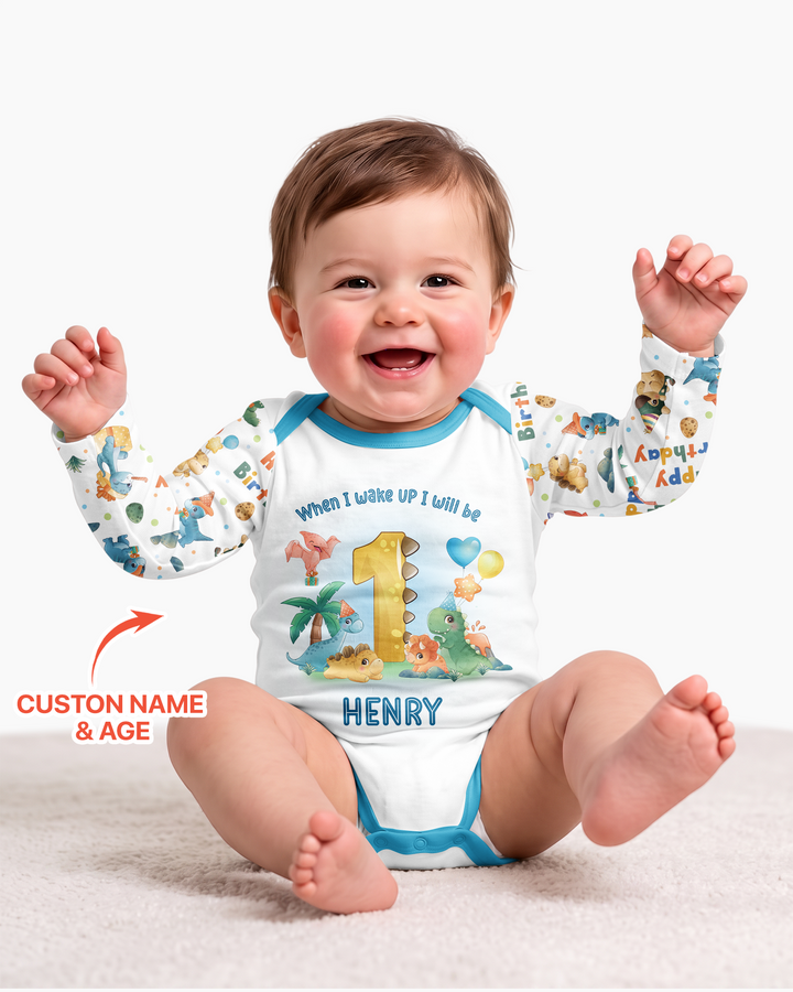Custom Name When I Wake Up Birthday Dino Bamboo Bodysuit