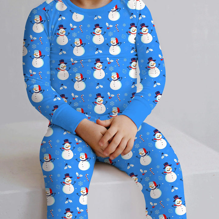 Blaues, zweiteiliges Weihnachtspyjama-Set mit Schneemann