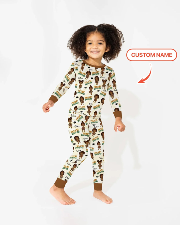 Custom Name Melanin Princess Bamboo Two Piece Long Sleeve Pajama Set